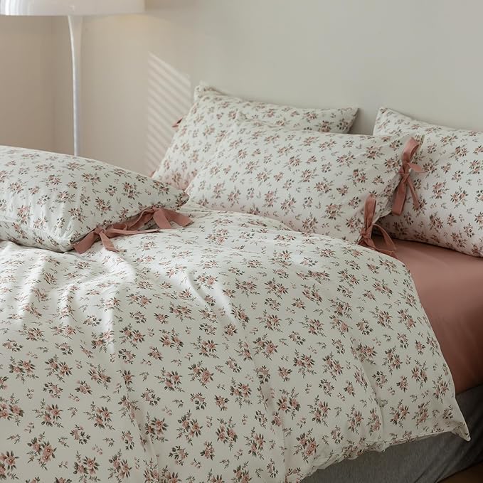 mixinni Vintage Style Girls Pale Pink Flower Pattern Duvet Cover Twin Soft Aesthetic Floral Cotton Bedding Set 1 Duvet Cover with 2 Bow Tie Pillowcases for Women-Twin Size