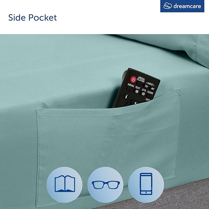DREAMCARE Queen Sheet Set – 4 pcs Cooling Sheets – up to 21” Extra Deep Pocket Queen Sheets – Hotel Luxury Sheets & Pillowcases – Superior Softness 100% Microfiber with Side Pocket - Spa Blue DREAMCARE
