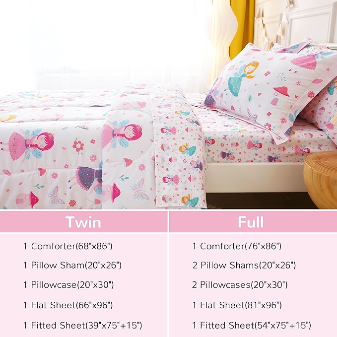 Viviland Kids Twin Bedding Sets for Girls, Soft Twin Comforter Set with Sheets, 5 Pieces Microfiber Bed in a Bag, Fairy Mushroom