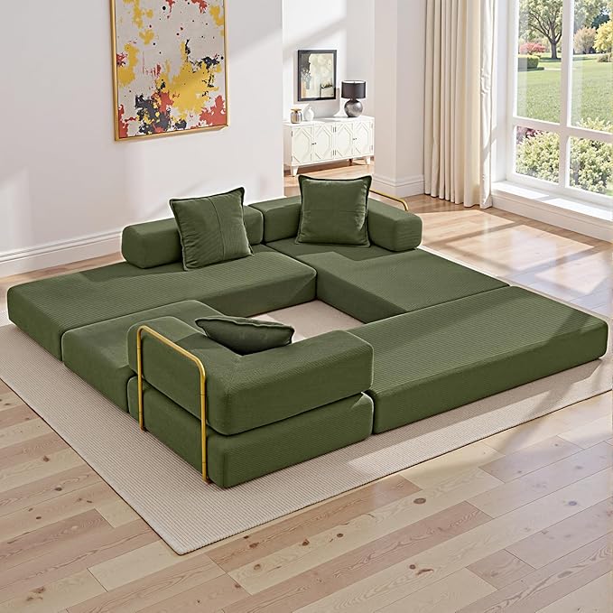 108" Oversized Convertible Sleeper Sofa Bed, Corduroy L Shape Sectional Couch, Folding Sofa Bed with Fixed-Shape Frame, Modern Cloud Floor Mattress Couch, Modular Sofa for Living Room, Green
