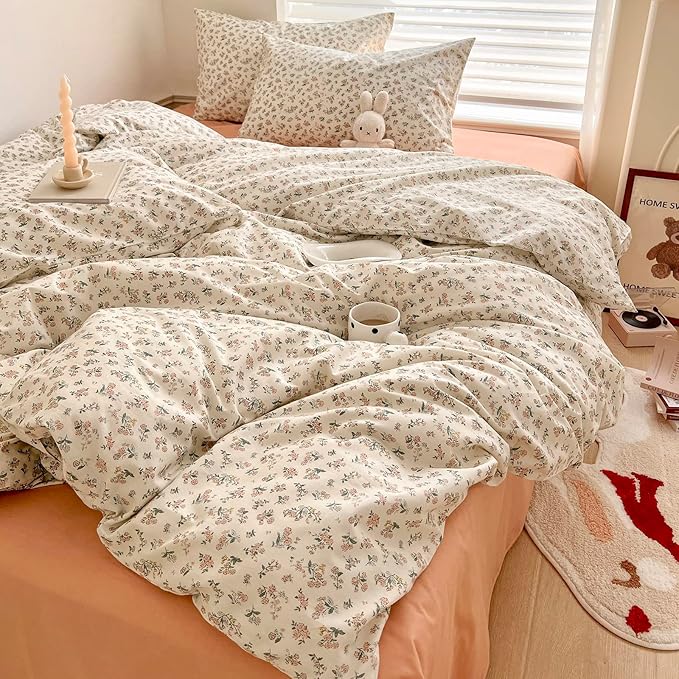HighBuy Boho Cotton Floral Duvet Cover King White Coquette Comforter Quilt Duvet Covers with Pink Floral,Garden Floral Bedding Set Twin Lightweight Soft Cottagecore Duvet Cover Sets Cute,King