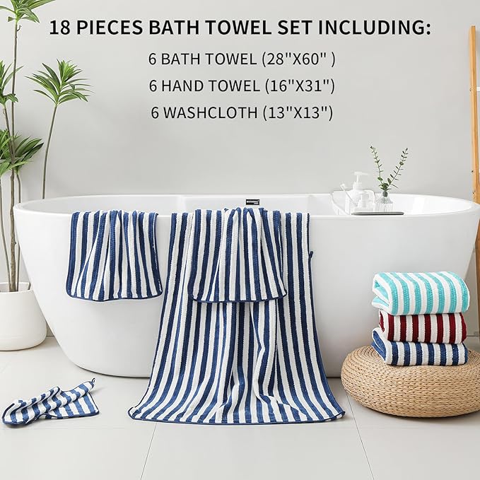 18-Piece Microfiber Bath Towels Set - 6 Bath Sheet, 6 Hand Towels, 6 Washcloths, Soft, Highly Absorbent Bathroom Towel, Quick Dry & Less Lint Shower towel for Bathroom, Hotel, Spa, Dorm-Blueberry