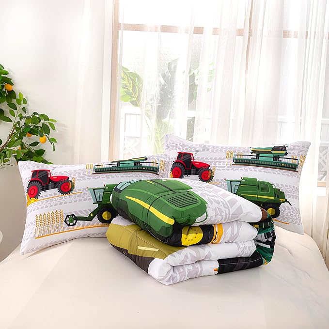 CVHOUSE Tractor Bedding Set for Boys - Excavator Comforter & Trucks Tractors Cars Quilt Set with 1 Comforter and 2 Pillow Cases - 3 Piece