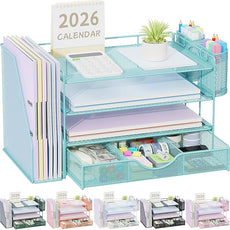 gianotter Desk Organizers and Accessories with File Holder, 4-Tier Desk Accessories & Workspace Organizers with Drawer and 2 Pen Holder, Paper Organizer for Office Supplies (Blue)
