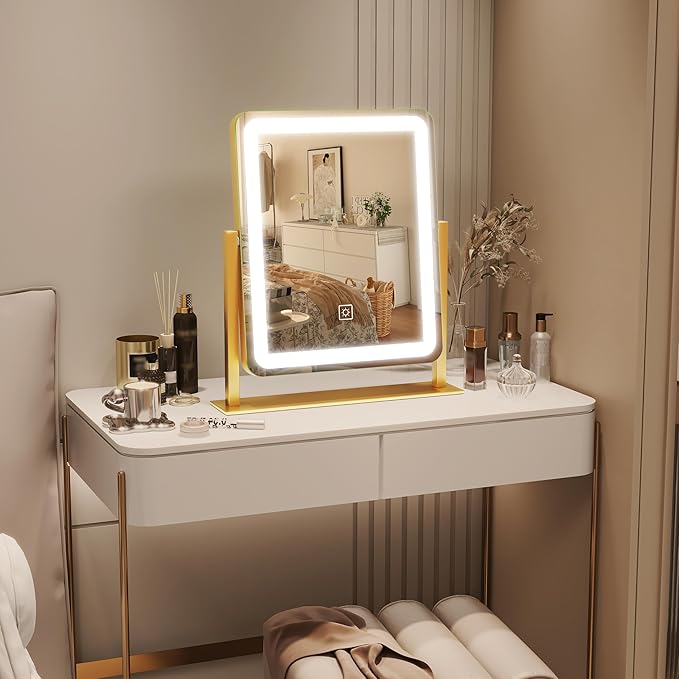 ROLOVE Gold Vanity Mirror with Lights, 15"x13" Lighted Makeup Mirror with Smart Touch, 3-Color Dimmable Lighting, 360° Rotation, Tabletop Mirror for Desk or Bedroom