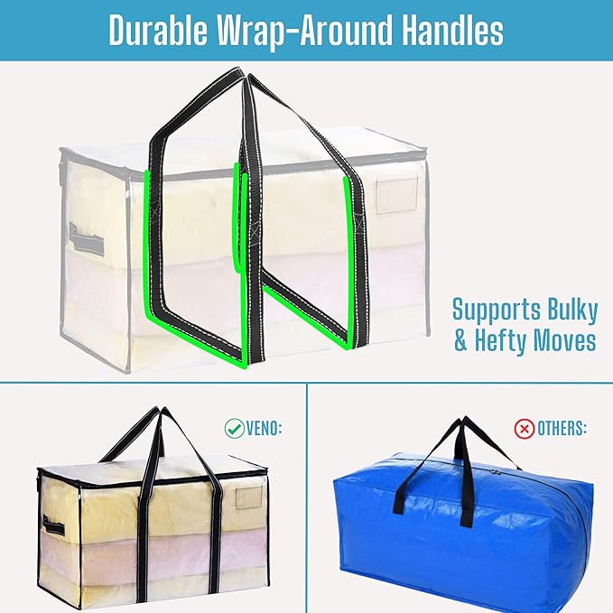 VENO 10 Pack Clear Moving Bags Christmas Storage Bags, Large Storage Bins with Lids, Heavy Duty Holiday Decor Organizers Moving Boxes Tote Packing Garland Ornament Supplies for College Dorm Clothes