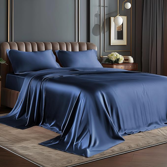 BEDELITE Satin Sheets Twin Size Bed Set, Luxury Soft Navy Silky Sheets for Hair and Skin, Similar to Silk Bed Sheets Set 3 Pieces with 1 Deep Pocket Fitted Sheet, 1 Flat Sheet, and 1 Pillowcase