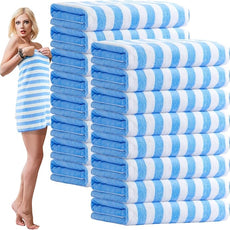 16 Pack Microfiber Bath Towels Bulk 27'' x 60'' Oversized Size Bath Towel Highly Absorbent Extra Large Soft Drying for Shower Beach Winter Salon Sport Gym Party (Stripes,Light Blue)