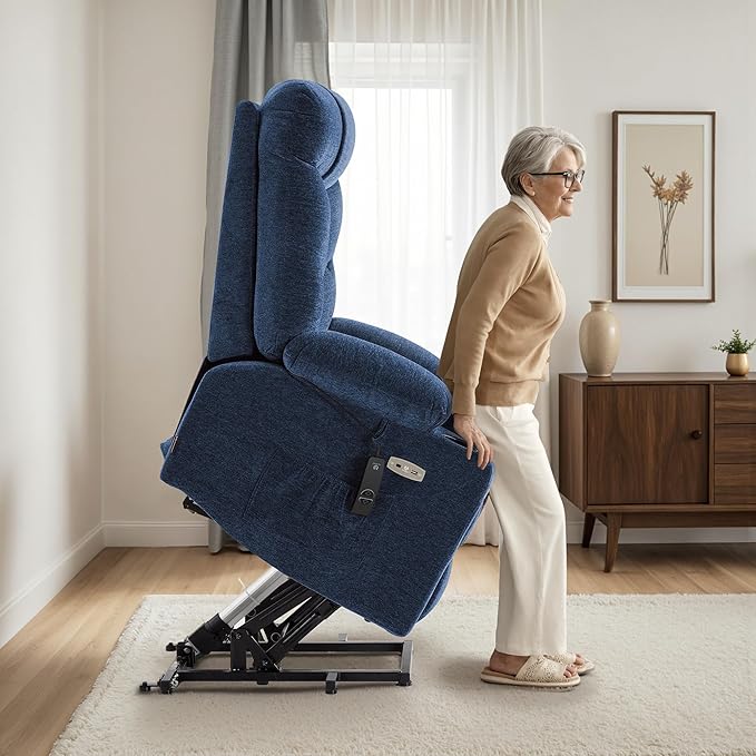 MCombo Oversized Power Lift Recliner Chair with Extended Footrest, Extra Wide 27.2" for Big and Tall Elderly People, Fabric R7399 (Navy Blue, Large-Oversize)