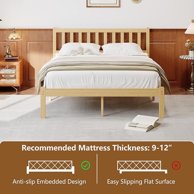 14 in High Solid Bamboo Wood King Size Bed Frame with Headboard, Platform Bed Frame King, Heavy Duty, No Box Spring Needed, Nosie Free