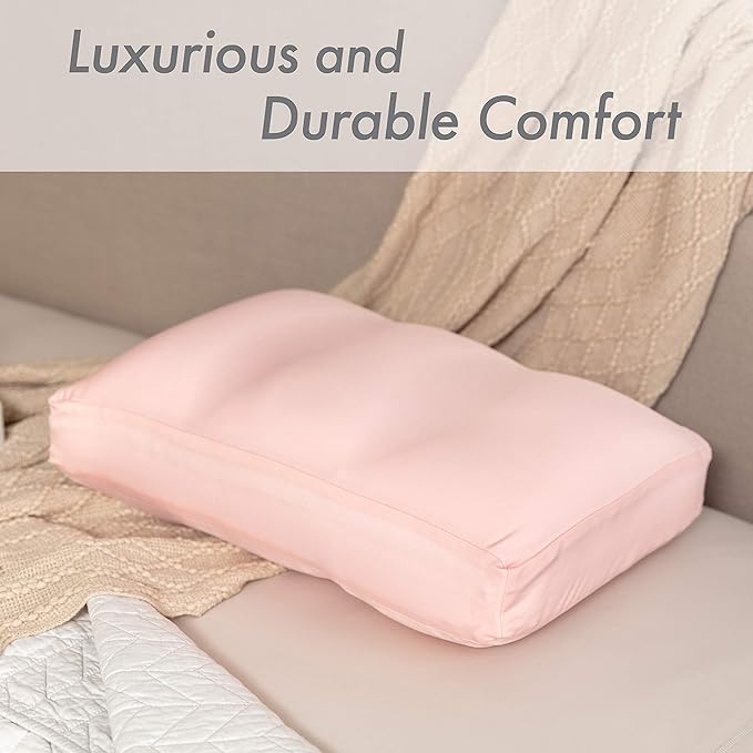 PILLOWY Premium Microbead Bed Pillow, Medium Extra Fluffy But Supportive - Ultra Comfortable Sleep with Silk Like Anti Aging Cover 85% Spandex/ 15% Nylon Breathable, Cooling Cream Peach