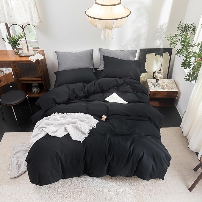 FOSSA Duvet Cover Set 100% Washed Cotton Linen Feel Super Soft Breathable Cozy 3 Pieces Bedding Sets Solid Black California King