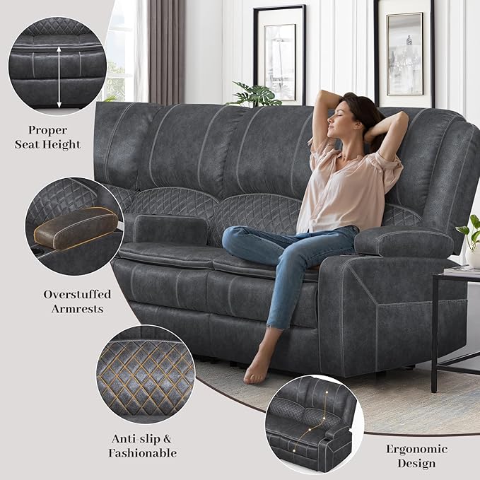 Manual Reclining Sectional Sofa Set, 5 Seats 1+1+3 Dutch Velvet Reclining Corner Sectional Couch, Family-Sized L-Shaped Recliner Couch with USB Charging, Thickened Padding, Sturdy Frame, Grey