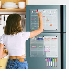 Acrylic Magnetic Dry Erase Board Calendar for Fridge, Clear Monthly and Weekly Planner Whiteboard for Refrigerator, w/ 8 Colors Markers, 15