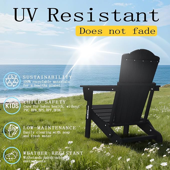 Adirondack Chair Set of 4, Folding All-Weather Outdoor HDPE Patio Chair with Cup Holder, Black