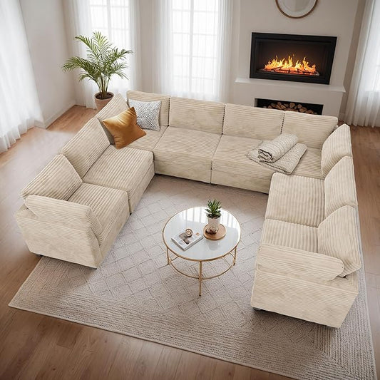 Large 8 Seat Modular Sectional Sofa with Ottoman Seat Corduroy Sleeper Sectional Sofa Bed Oversized Convertible Modular Couch for Living Room