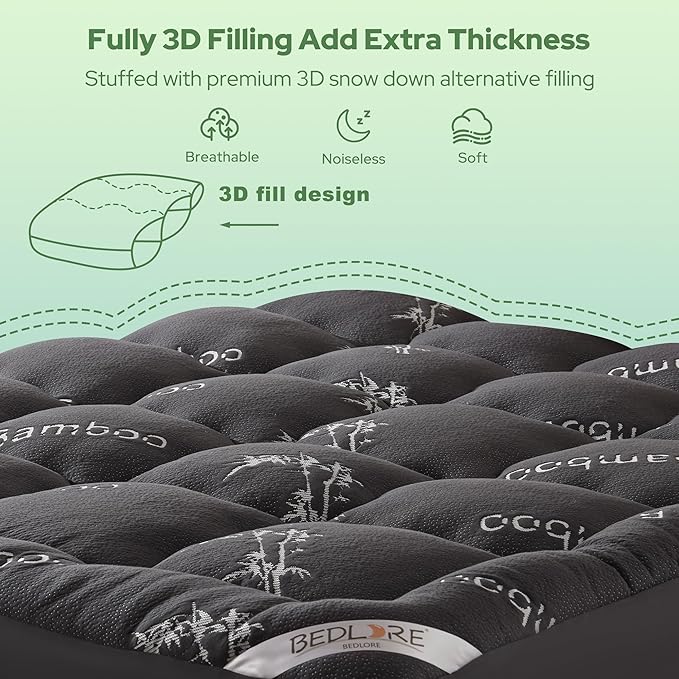 BEDLORE Twin XL Mattress Topper Viscose Derived from Bamboo, Thick Pillow Top Mattress Pad with Deep Pockets for 6-15 inches Mattress, Soft Mattress Topper College Dorm Size for Back Pain(Dark Gray)