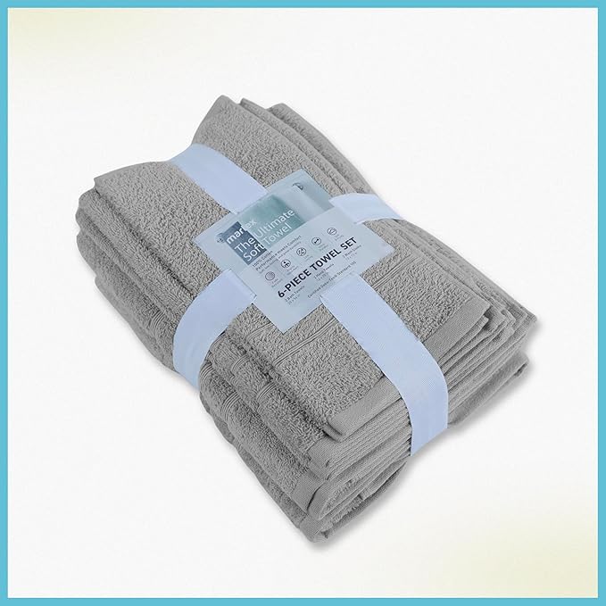 Martex 6-Piece Towel Set – Ultimate Performance – 100% Cotton – 2 Bath Towels – 2 Hand Towels – 2 Wash Cloths – Versatile – Low-Linting – Supersoft & Absorbent Bathroom Set – Easy Care – Monument Gray