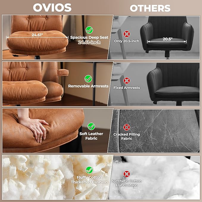 ovios Ergonomic Office Chair, High Back Faux Leather Executive Chairs with Thick Cushion, Comfy High-Century Modern Swivel Rolling Computer Armchair (Brown, Suede Leather)