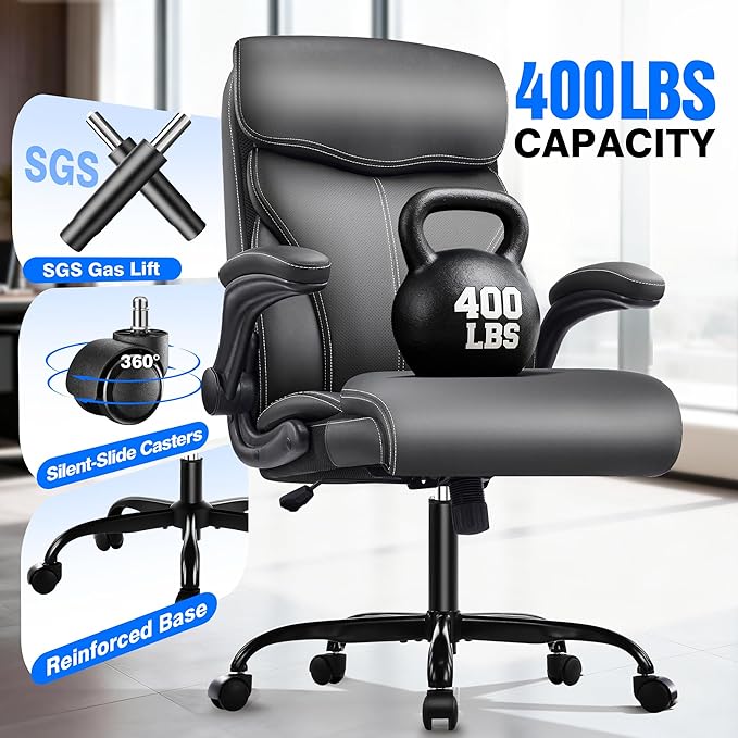 Office Chair - Executive High Back Breathable Comfy Desk Chair with Lumbar Support - Ergonomic Leather Rolling Swivel Computer Chair with Rock Function for Working Studying Gaming Relaxing