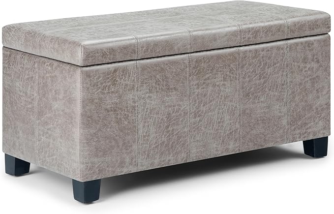 SIMPLIHOME Dover 36 inch Wide Contemporary Rectangle Storage Ottoman Bench in Distressed Grey Taupe Vegan Faux Leather, Assembled, For the Living Room, Entryway and Family Room