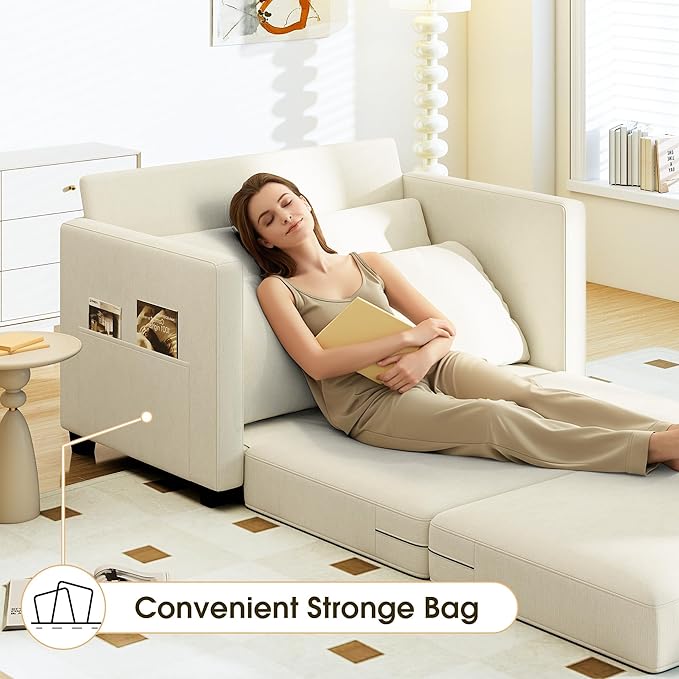 51" Convertible Sofa Bed, 2 in1 Folding Sofa Bed, Loveseat Sleeper Sofa for Small Spaces, Fold Out Floor Couch with 2 Pillows for Apartment, Living Room & Guest Room, Beige Chenille Fabric