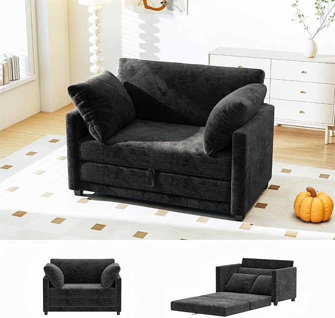 51" Convertible Loveseat Sofa Bed, 2-in-1 Folding Sofa Bed with 2 Pillow for Small Spaces, Modern Loveseat Sleeper Couch for Apartment, Living Room & Guest Room (Chenille Black, 51 inch)
