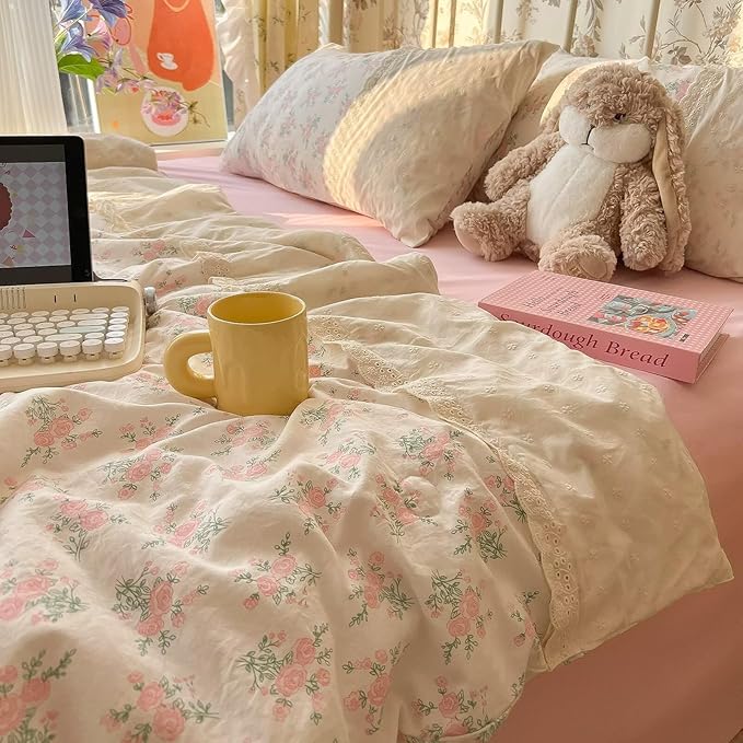 mixinni Vintage Floral Duvet Cover Set - 3 Piece Twin XL Size Pink Cottagecore Bedding with Lace Trim, Shabby Chic Bedding Set, Includes 1 Duvet Cover & 2 Pillowcases, Boho Aesthetic for Girls & Dorms