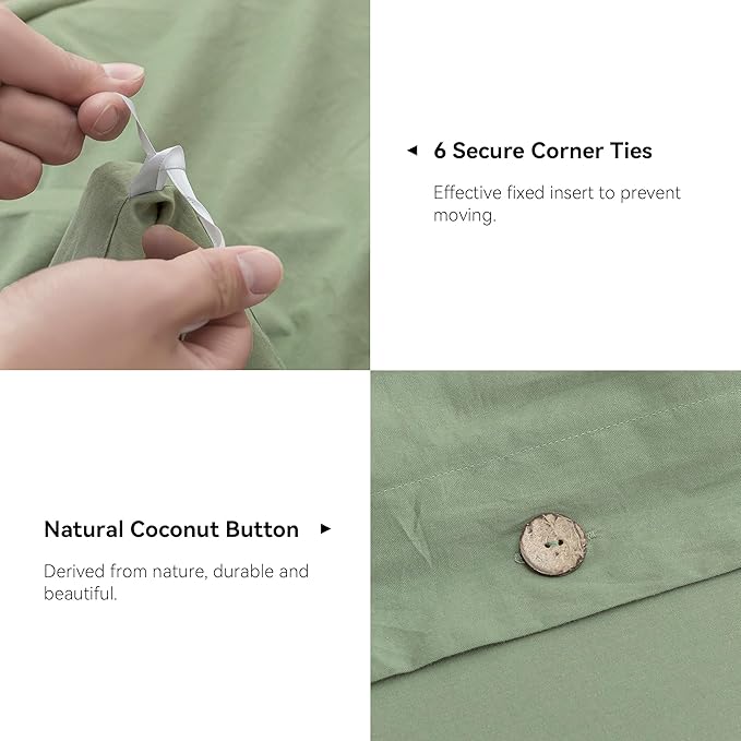 JELLYMONI Cotton Duvet Cover Twin Size - Light Green Comforter Cover with Button 100% Washed Cotton 2PCS Breathable Soft Solid Bedding Set Duvet Cover 68×90in & 1 Pillowcase (NO Comforter)