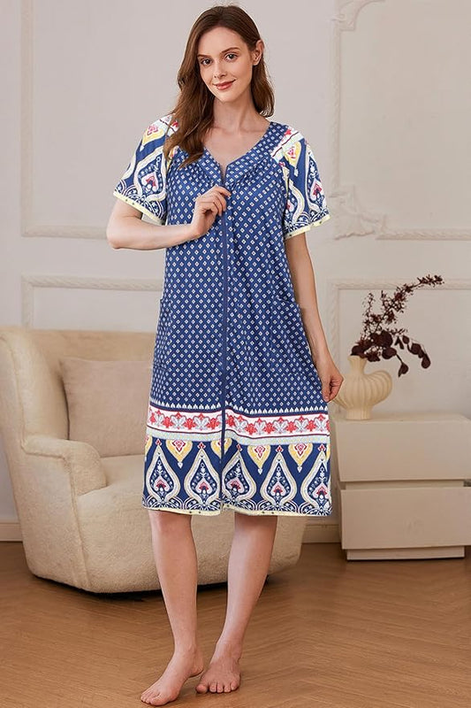 Ekouaer Women Robe Zipper Front Mumu Duster Robes Zip Up Housecoat Soft Sleepwear with Pockets