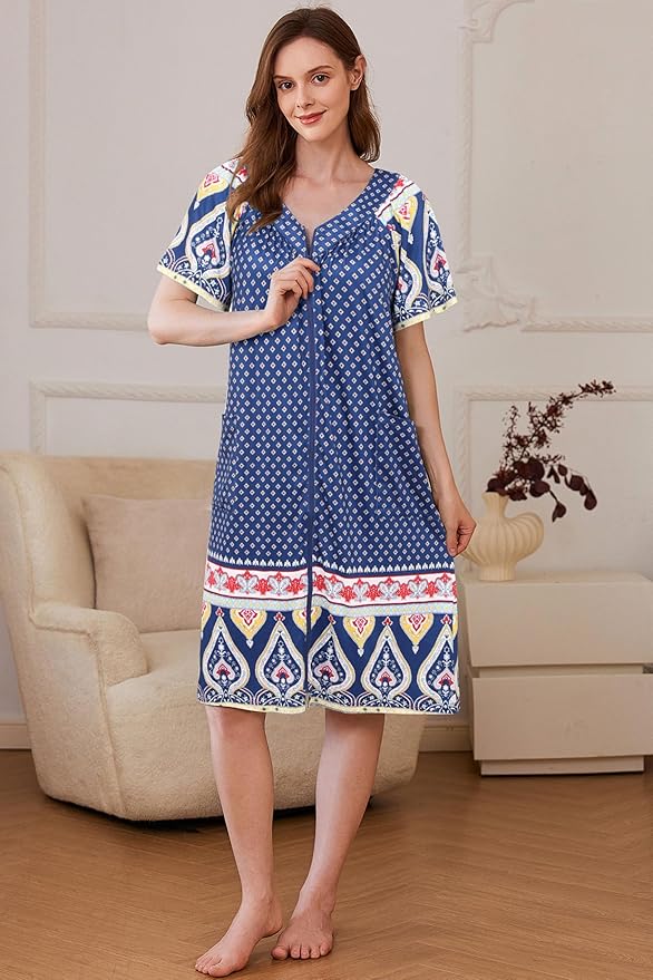 Ekouaer Women Robe Zipper Front Mumu Duster Robes Zip Up Housecoat Soft Sleepwear with Pockets