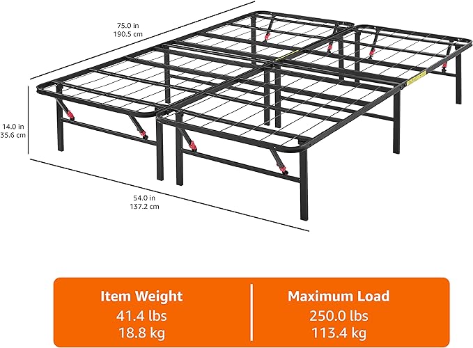 Amazon Basics Bed Frame with Storage, Foldable Metal Platform, Sturdy Steel, No Box Spring Needed, 14 inches High, Tool-Free Setup, Full Size, Black