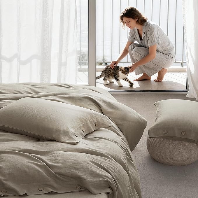 JELLYMONI Cotton Duvet Cover Twin Size - Taupe Comforter Cover with Button 100% Washed Cotton 2PCS Breathable Soft Solid Bedding Set Duvet Cover 68×90in & 1 Pillowcases (NO Comforter)