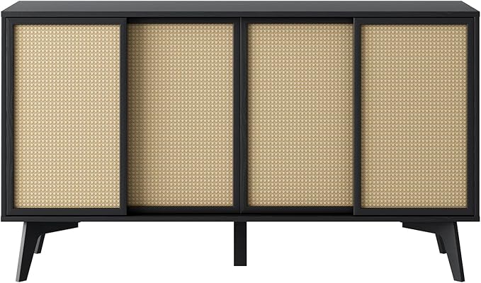 MUSEHOMEINC Large Sideboard Buffet Cabinet, 4-Rattan Door Sideboard Cabinet - Buffet Storage with Sliding Doors, Black Oak Finish for Dining Room, Kitchen, Entryway, Living Room