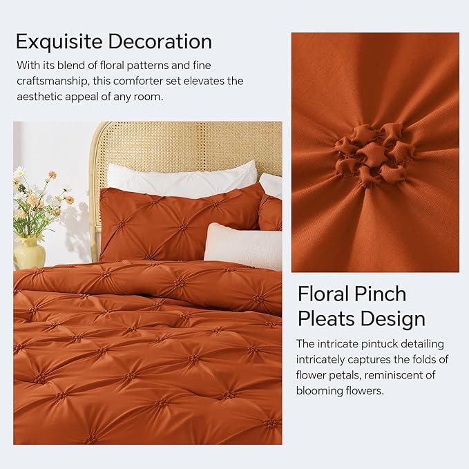 BEDELITE Burnt Orange Queen Comforter Set - 3 Pieces Boho Pintuck Bedding Comforter Sets, Lightweight Soft & Warm Bed Comforter Queen with 2 Pillowcases for All Season