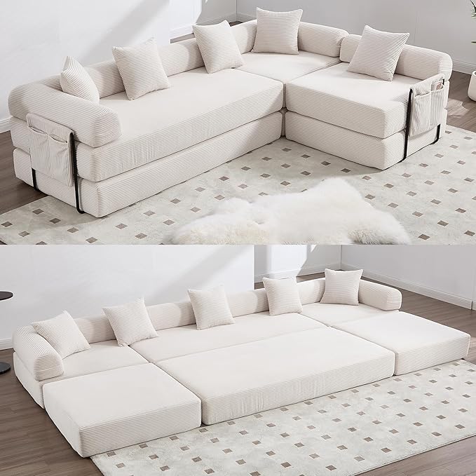 106" Oversized Convertible Sleeper Sofa Bed, Corduroy L Shape Sectional Couch, Folding Sofa Bed with Side Pocket, Modern Cloud Floor Mattress Couch, Modular Sofa for Living Room, Beige