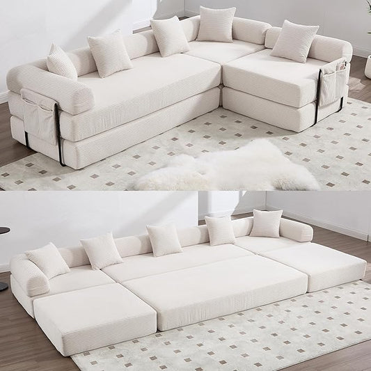 106" Oversized Convertible Sleeper Sofa Bed, Corduroy L Shape Sectional Couch, Folding Sofa Bed with Side Pocket, Modern Cloud Floor Mattress Couch, Modular Sofa for Living Room, Beige