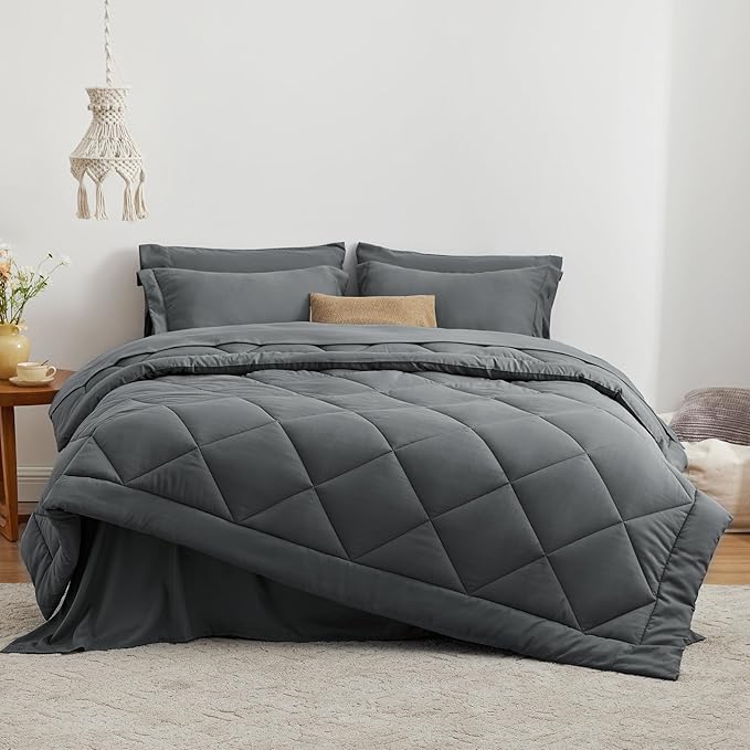 Love's cabin Queen Comforter Set Dark Grey, 7 Pieces Queen Bed in a Bag, All Season Bedding Sets with 1 Comforter, 1 Flat Sheet, 1 Fitted Sheet, 2 Pillowcase and 2 Pillow Sham
