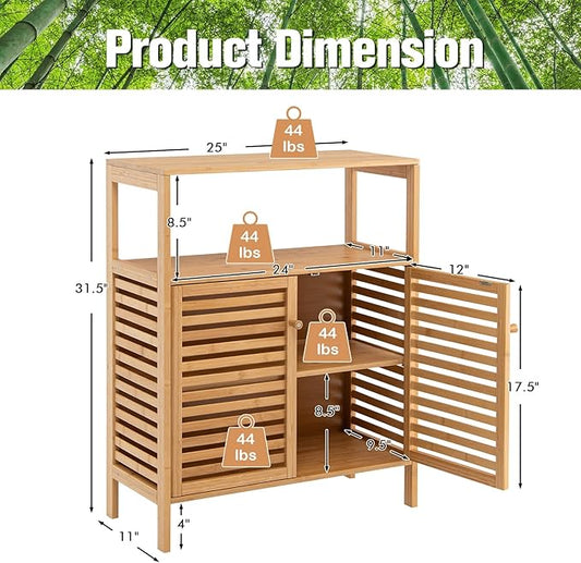 COSTWAY Bamboo Bathroom Cabinet, Freestanding Storage Cabinet Organizer with Louver Doors & Removable Shelf, Bathroom Floor Cabinet for Living Room, Kitchen, Entryway, Natural