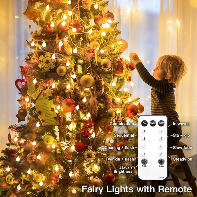 suddus String Lights for Bedroom, 33ft 100 Led Connectable Globe String Lights Indoor, Hanging Fairy Lights Plug in with Remote for Classroom, Room, Dorm, Outdoor, Christmas Tree Decor, Warm White