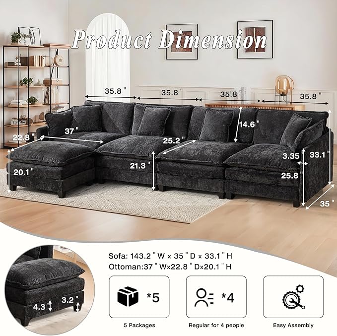 SoarFlash 149.61" Chenille Sectional Sofa, Comfy L Shaped Modular Coush Sofa with Ottoman, Modern 4 Seat Couch Deep Seat Sofa Set for Living Room,Black