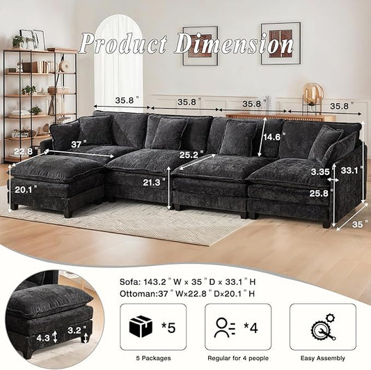 SoarFlash 149.61" Chenille Sectional Sofa, Comfy L Shaped Modular Coush Sofa with Ottoman, Modern 4 Seat Couch Deep Seat Sofa Set for Living Room,Black
