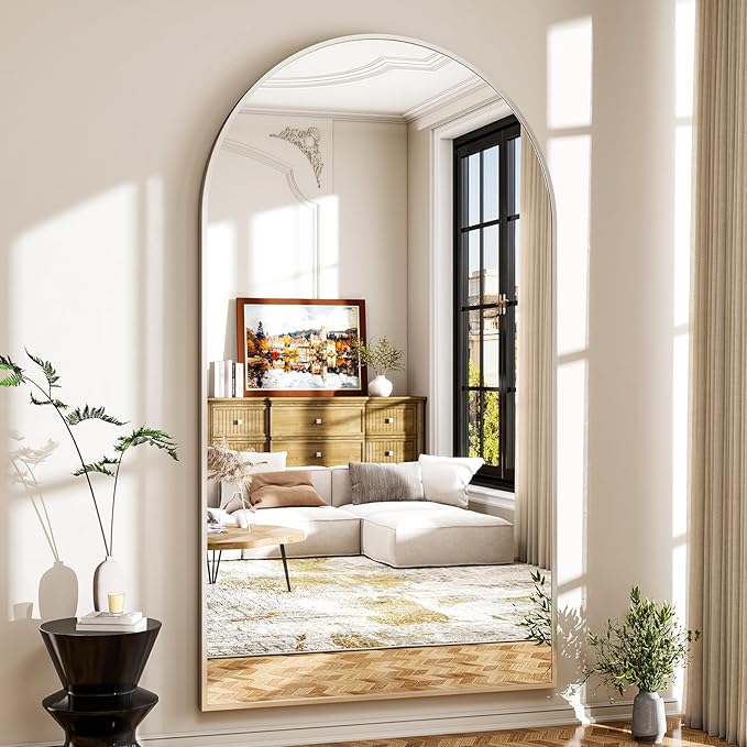 46"x76" Arched Full-Length Mirror, Oversized Floor Mirror with Stand, Freestanding or Wall-Mounted Full Body Mirror for Living Room, Bedroom, or Cloakroom, Silver