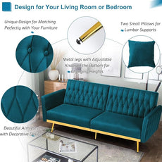 70” Velvet Futon Sofa Bed w/Adjustable Armrests and Backrest, Convertible Futon Couch w/2 Pillows, Modern Sleeper Bed for Living Room, Bedroom, Teal