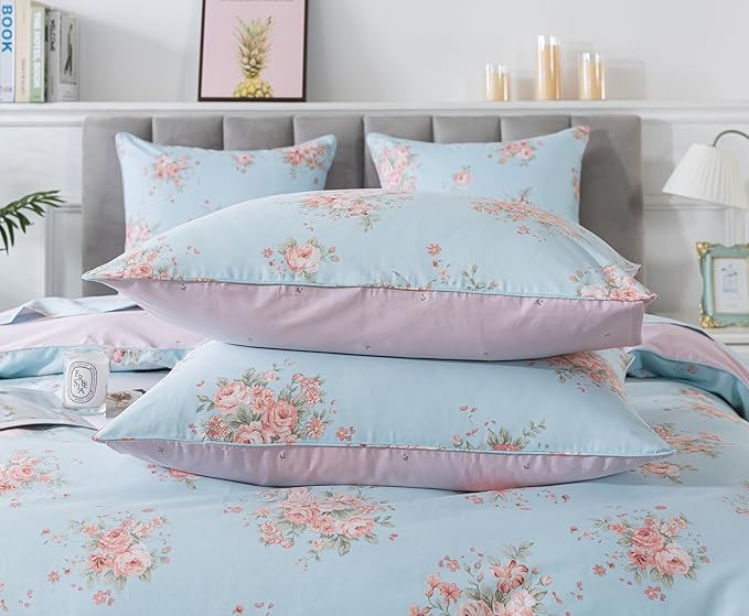 FADFAY Duvet Cover Set Twin Blue Rose Floral Bedding Rustic Peony Flower Comforter Cover Set Vintage Farmhouse Bedding 100% Cotton Ultra Soft Quilt Cover with Hidden Zipper Closure 3Pcs, Twin Size