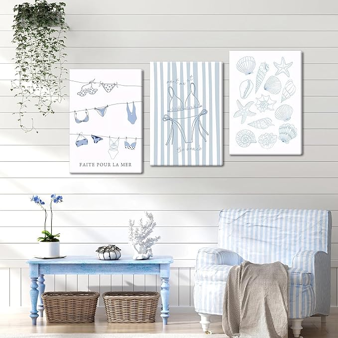 Trendy Coastal Canvas Wall Art Set of 3, Blue Bikini Granddaughter Room Wall Decor Paintings, Preppy Coastal Shell Girls Dorm Posters Prints Pictures for Living Room Bedroom 12x16 Inch Framed