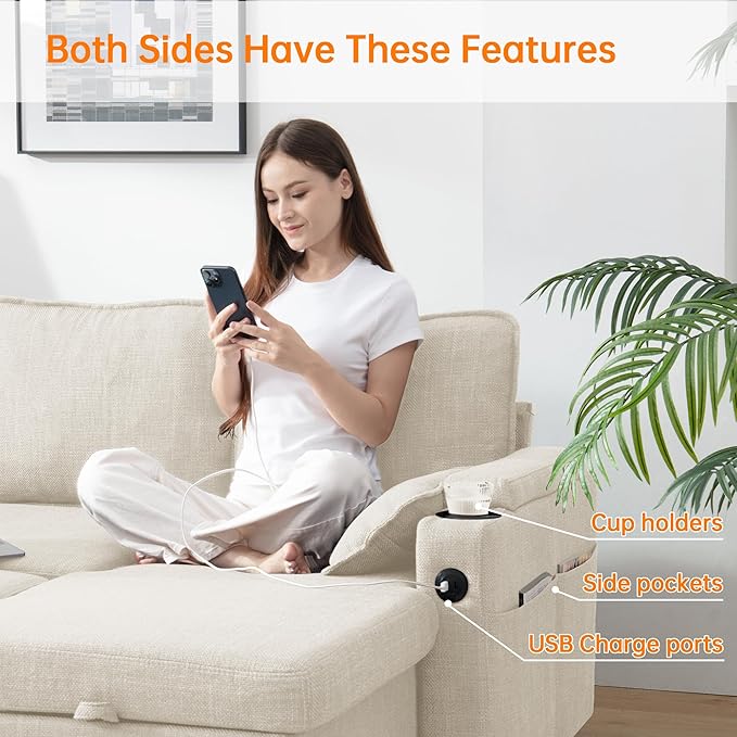 DURASPACE Sofa Bed Sleeper Sofa Pull Out Couch with Double Storage Chaise, Sectional for Living Room, U Shaped Couch with Removable Covers (Beige)