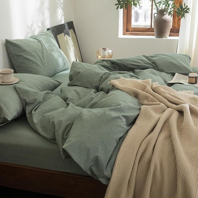 FOSSA Duvet Cover Set 100% Washed Cotton Linen Feel Super Soft Breathable Cozy Simple Style 3 Pieces Bedding Sets Solid Heathered Green Oversized Queen