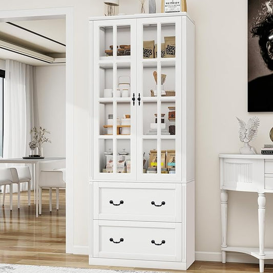 78.8" Tall Bookcase Display Storage Cabinet Hutch with Glass Doors & Drawers - Curio Display Bookshelf Kitchen Pantry for Home, Kitchen, Living Room.