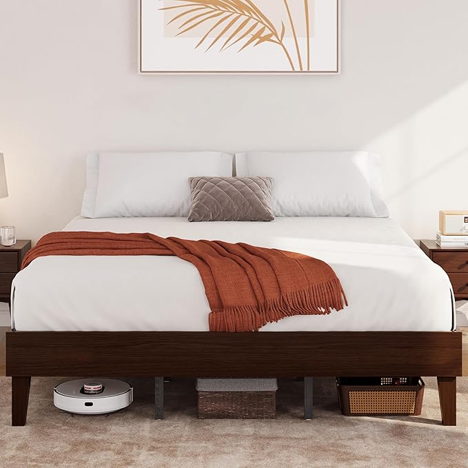 Yaheetech King Bed Frame Natural Solid Wood Platform Bed with Wooden Slats Support, 12-inch Underbed Space for Storage, Noise-Free Design, Easy Assembly, Dark Walnut Finish